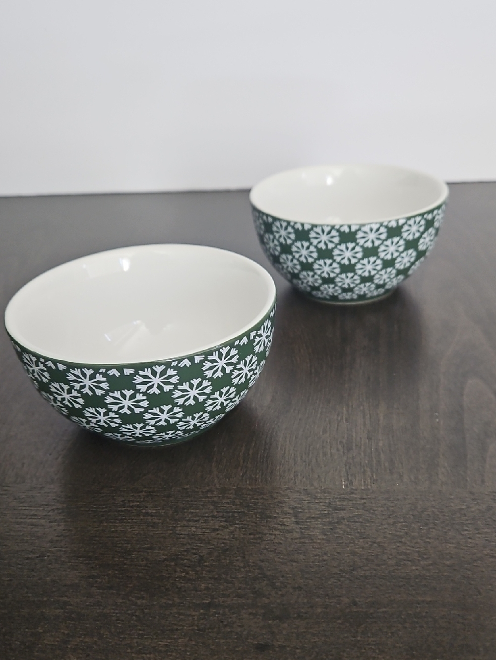Set Of 2 Threshold Green Stoneware Bowls with White Snowflake Pattern